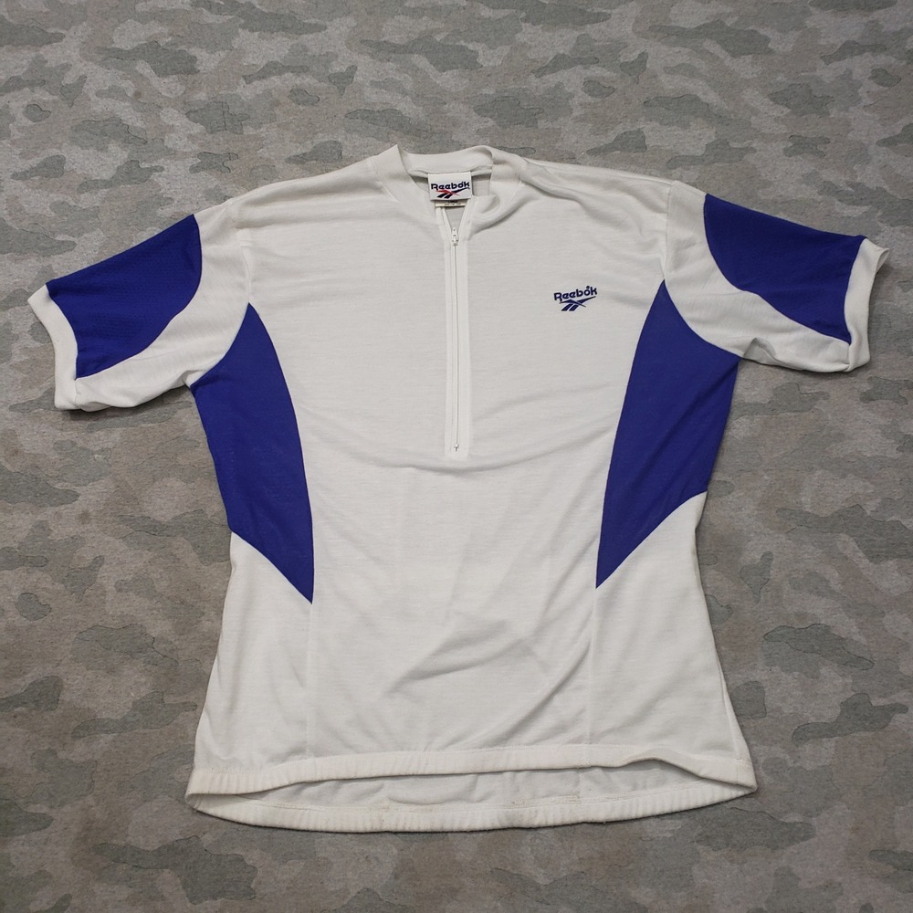 Vintage Reebok Cycling Jersey Shirt Mens Large White Quarter Zip Short Sleeve